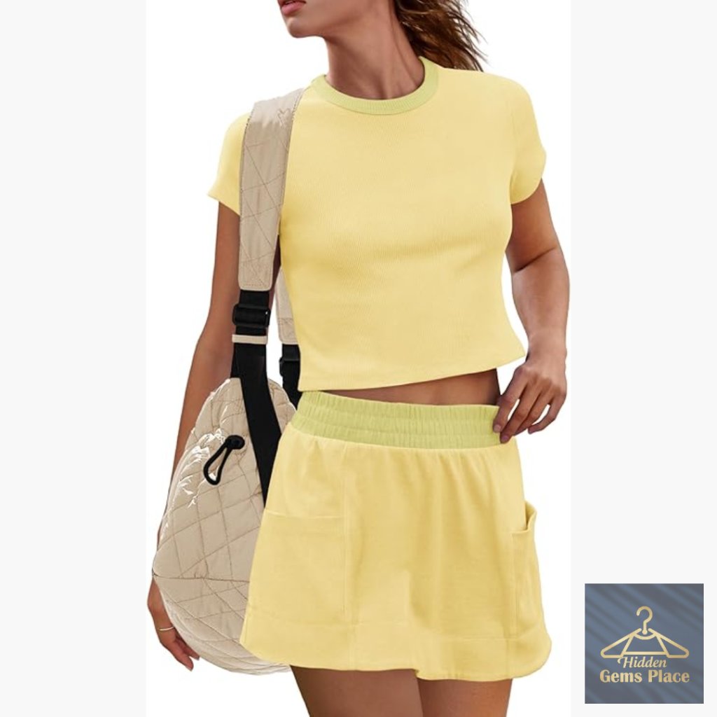 Ribbed Knit Skort Set With Built-In Shorts And Side Pockets